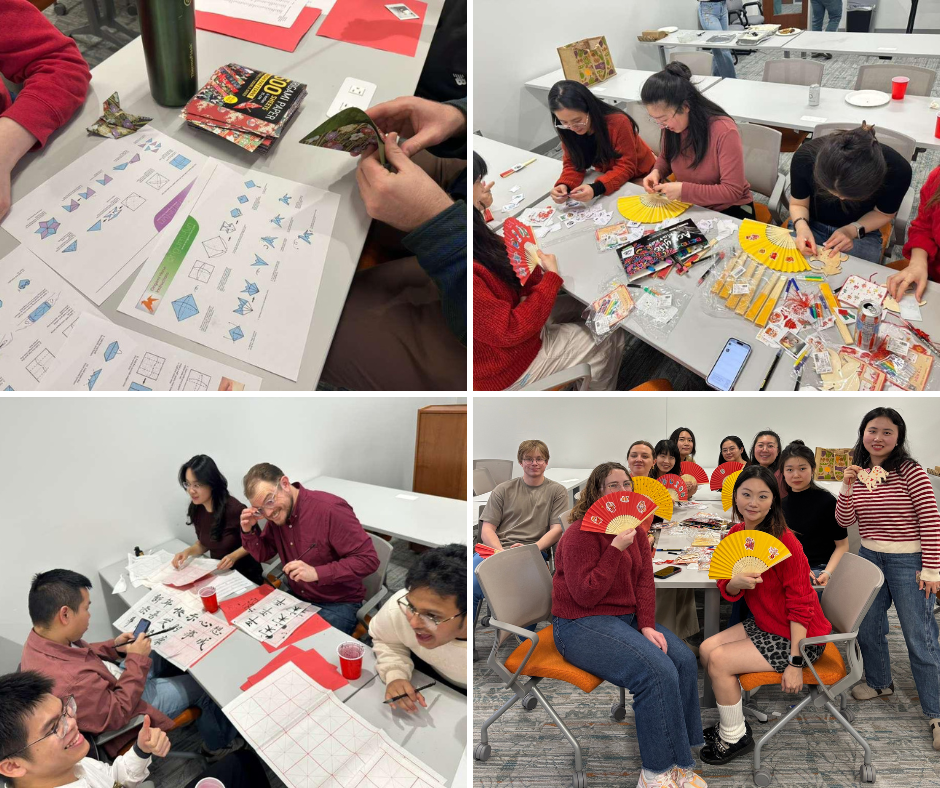 A four-image collage showing members of an organization participating in Lunar New Year cultural activities. Top left: Hands folding origami following printed instructions. Top right: Several women at a table assembling and decorating yellow and red folding fans. Bottom left: A group practicing Chinese calligraphy with brushes and ink on red paper. Bottom right: A group of smiling people posing with their finished red and yellow fans, with one woman holding a paper cutout of a horse.