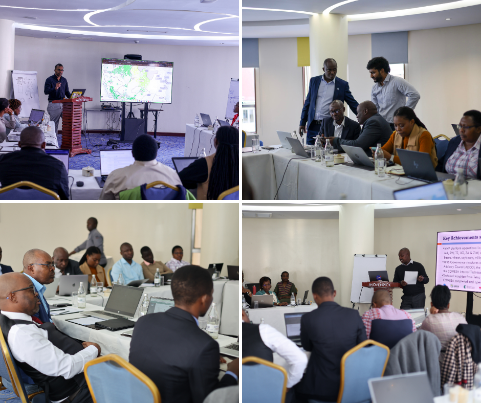 A four-photo collage showing professionals engaged in a workshop or training session. Top-left: Attendees seated at a U-shaped table with laptops. Top-right: Two men in dress shirts collaborate closely over a laptop screen. Bottom-left: A side view of participants taking notes and using devices. Bottom-right: A laptop displays a digital map on a table in a dimly lit conference room.