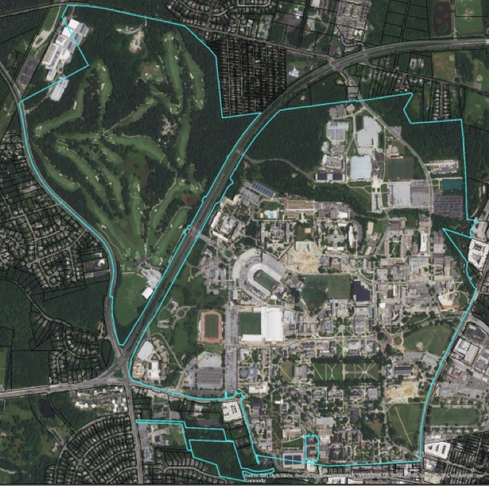UMD property boundaries including Guilford Woods (southern edge), the Campus, and golf course.