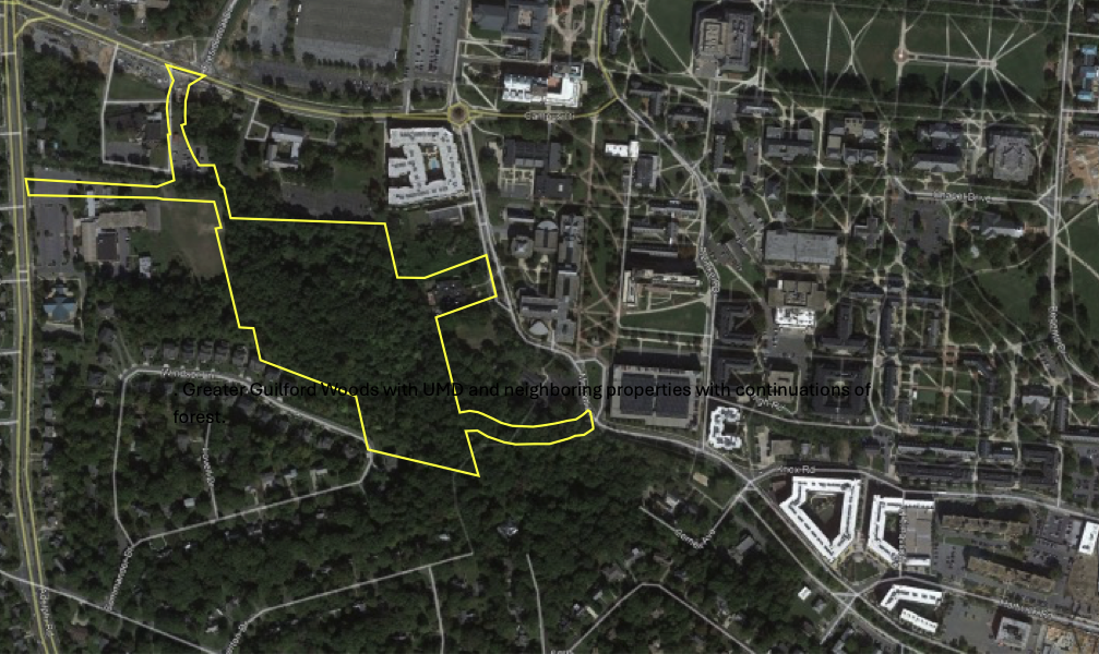 Map 4. Properties surrounding UMD Guilford Woods that have continuations of forest.>
</p>
<p style=