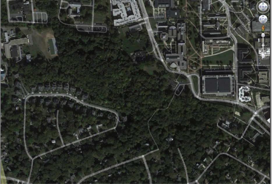 Map 1. Aerial image of Guilford Woods showing UMD and adjoining properties(from Google Earth)>
</p>
<p style=