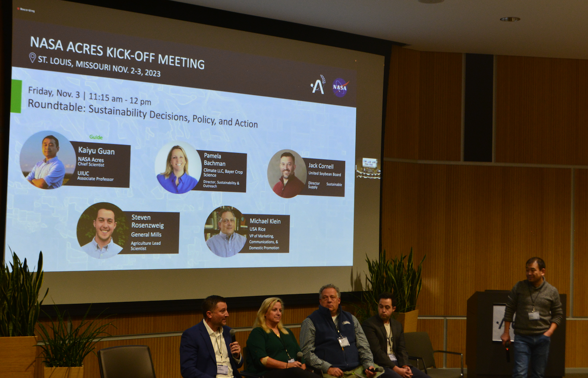 Image: From left, Jack Cornell, Pamela Bachman, Michael Klein, Steven Rosenzweig, and Dr. Kaiyu Guan speaking on the panel discussing sustainability as it pertains to NASA Acres and the broader agriculture community