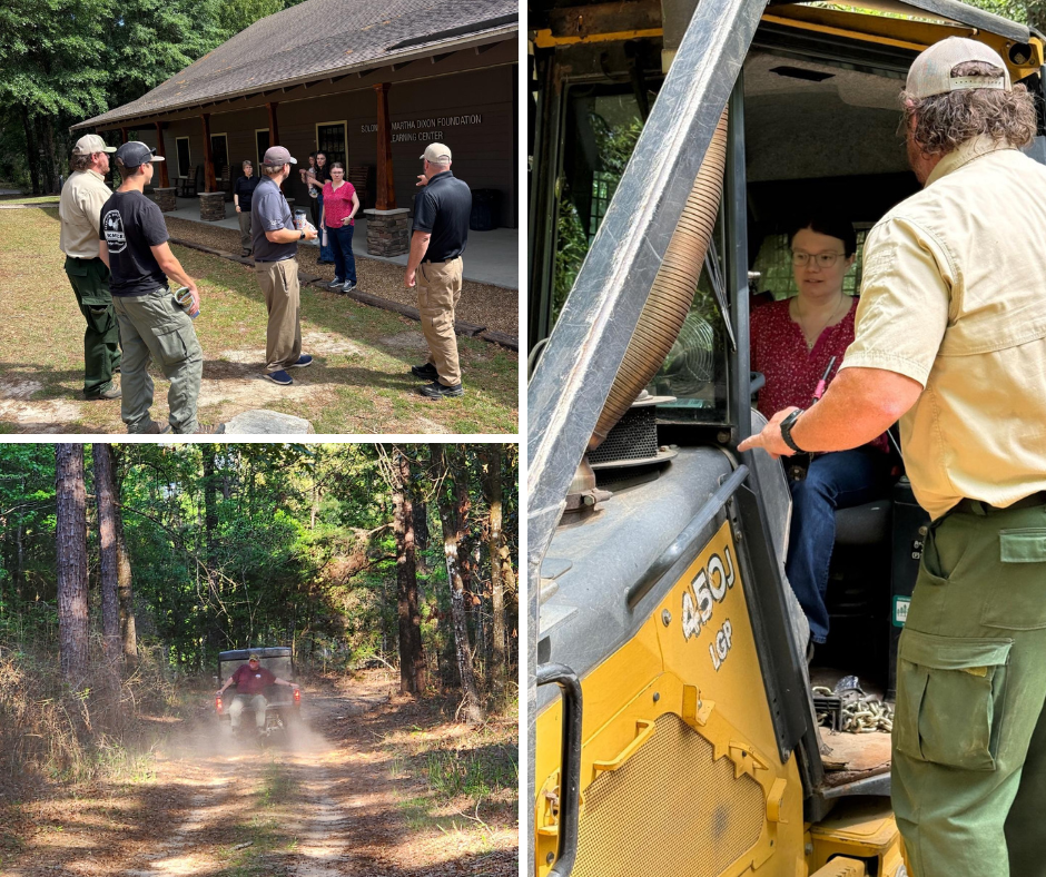 A three-image collage documenting a forestry workshop in Alabama. The top-left photo shows a group of people gathered outside the Solon Dixon Forestry Education Center, engaged in a discussion near a porch. The bottom-left image shows a person driving a utility vehicle down a dusty dirt path through a dense pine forest. The large photo on the right provides a close-up of an instructor in a tan shirt guiding a woman seated in the operator’s cabin of a yellow John Deere 450J bulldozer.