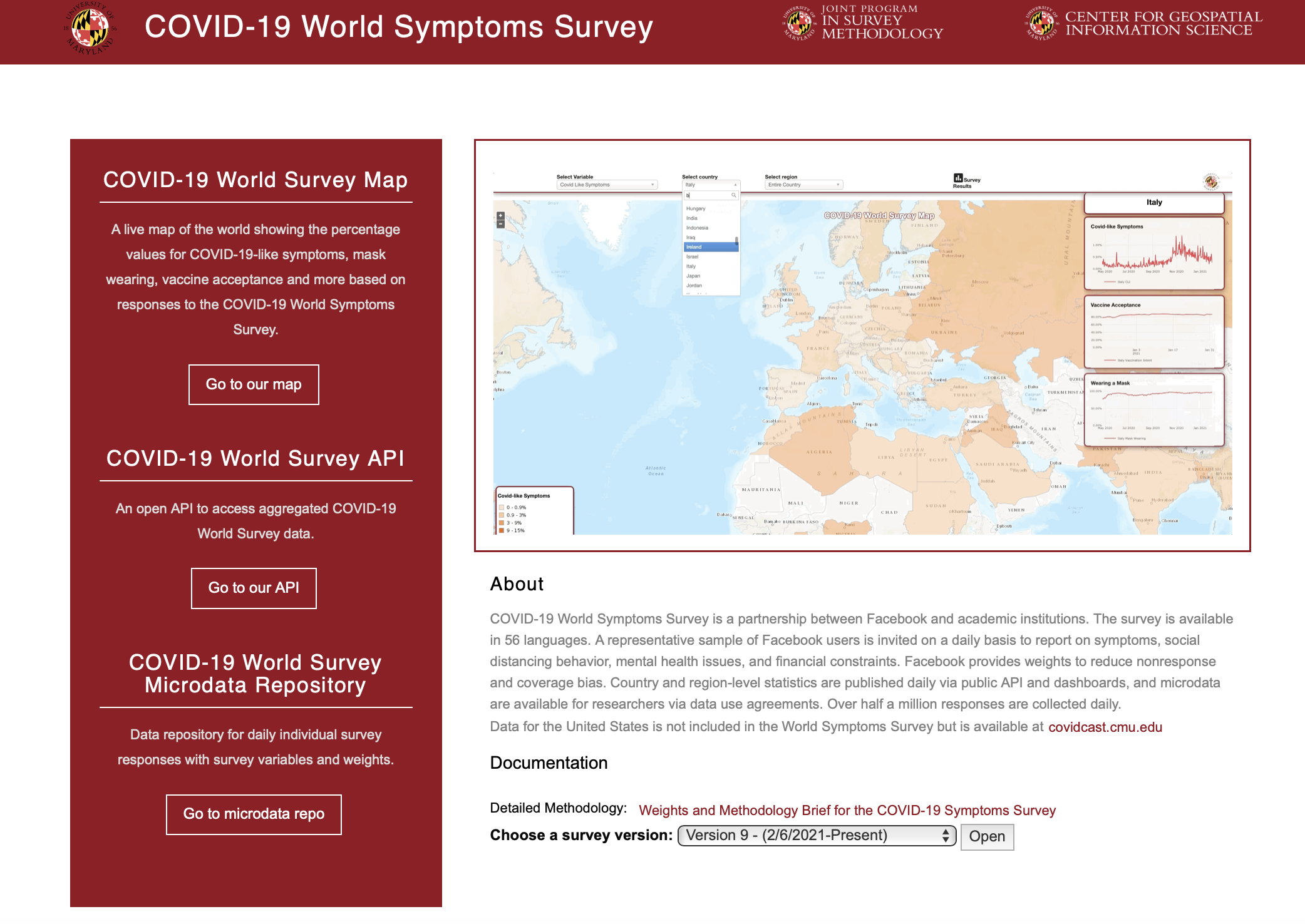 Screenshot of Symptom Survey Website