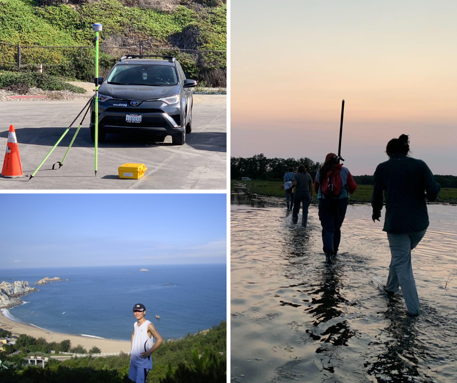A collage of three distinct photos is shown. The top-left photo features a gray SUV parked in an asphalt lot with survey equipment, including a GPS receiver mounted on a green rod and a yellow case, in the foreground near an orange traffic cone. The background has a chain-link fence and green bushes on a slope. The bottom-left photo shows a person in a white top and blue shorts smiling for a portrait in the foreground. Behind them, there is a panoramic view of a sandy beach, a crescent-shaped bay, and rocky islets in the blue ocean under a clear sky. In the foreground is green foliage. The right photo captures several people with backpacks walking away from the camera, wading through knee-deep, dark, calm water. One person carries a long pole. The sky is twilight, showing a soft transition of orange, pink, and blue, and trees are on the far shore.