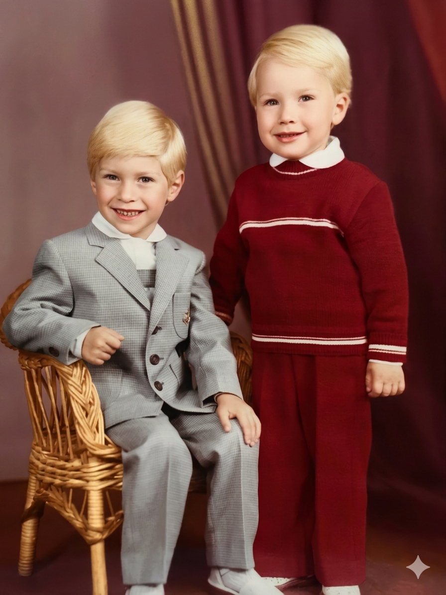 A studio portrait of two young brothers with blonde hair. One sits in a wicker chair wearing a grey suit, smiling. The other stands beside him in a burgundy sweater and trousers, also smiling, against a draped backdrop..