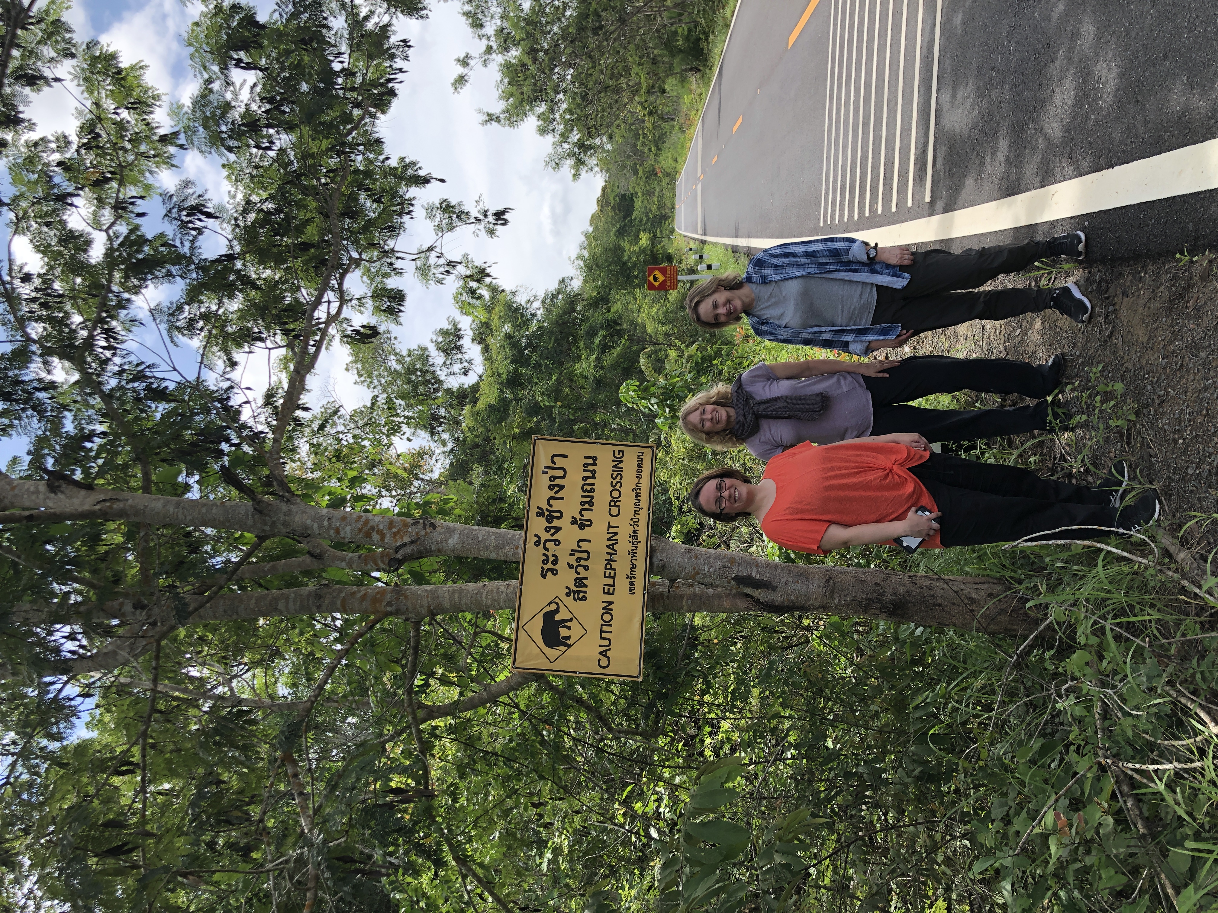 Three women smiling beside a paved road near lush greenery next to a yellow tree-mounted sign reading 