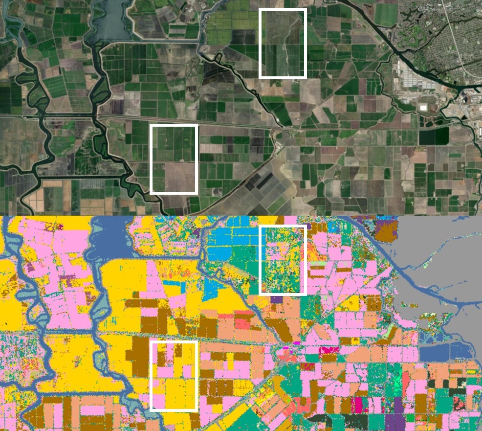 A satellite image of California farms (top) contrasts with an AI-generated crop map (bottom) that humans need to review and label to keep AI algorithms free from bias.