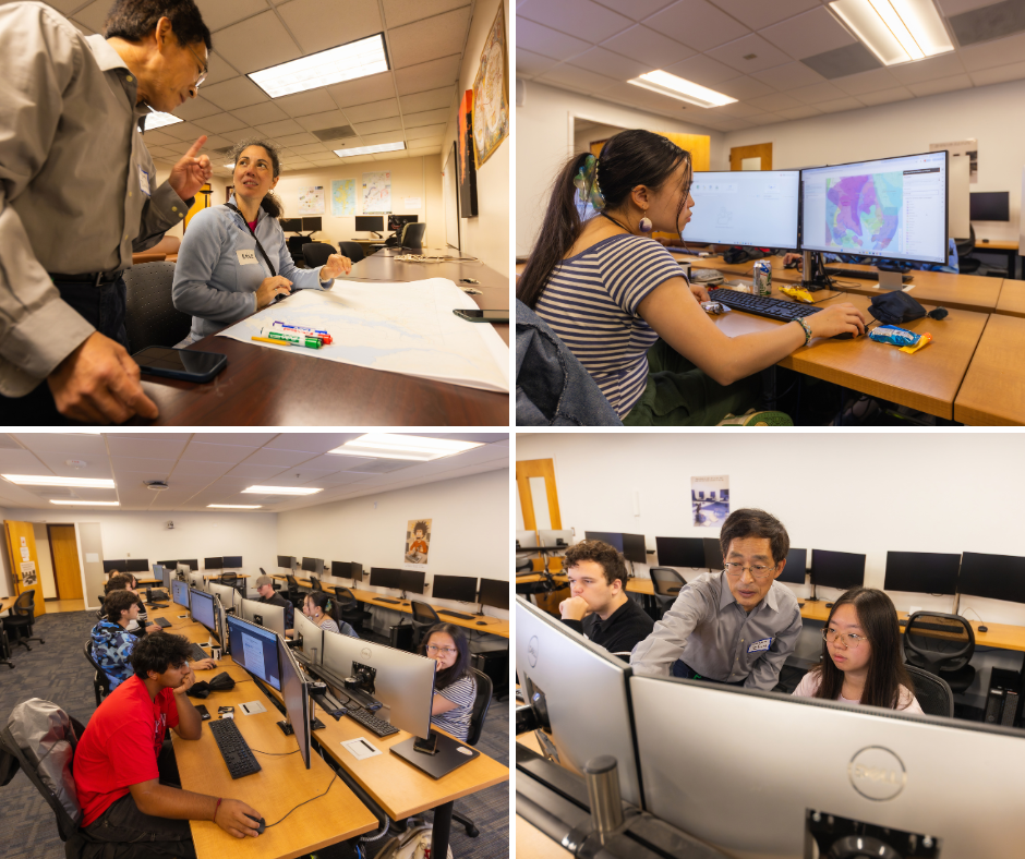 Four-panel grid showing students and an instructor collaborating and working on computers in a technology lab setting.