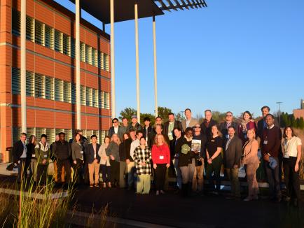 NASA Acres Kick-Off Meeting Attendees gather in front of the Donald Danforth Plant Science Center in St. Louis, Missouri