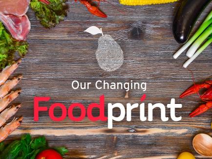 "Our Changing Foodprint" with thumbprint in shape of a pear logo