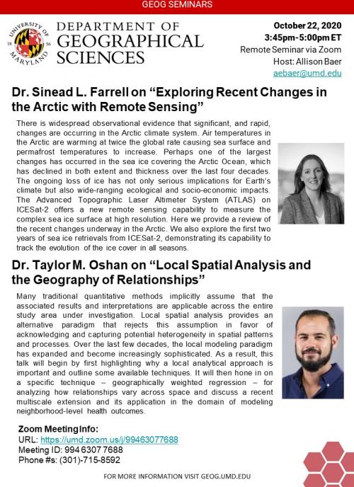 flyer for GEOG Webinar: Dr. Sinead Farrell and Dr. Taylor M. Oshan