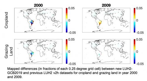 Mapped differences (in fractions of each 0.25 degree grid cell) between new LUH2-GCB2019 and previous LUH2 v2h datasets for cropland and grazing land in year 2000 and 2009.
