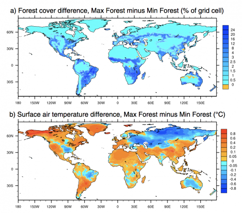 Regional patterns of (a) differences in forest cover and (b) differences in surface air temperature