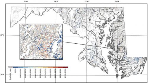 Spatial distribution of outcompeted cropland between 2011–2311 under the baseline economic scenario.