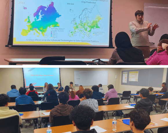 Top: PhD student Leonid Shumilo presents his research. Bottom: Attendees pay attention to the student panel.