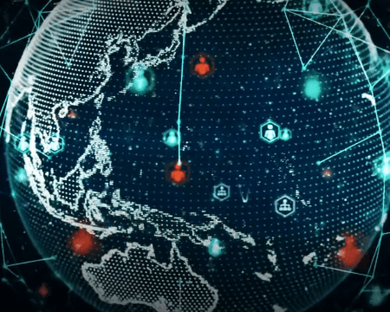 Digital representation of Earth with dots connecting across regions and continents.