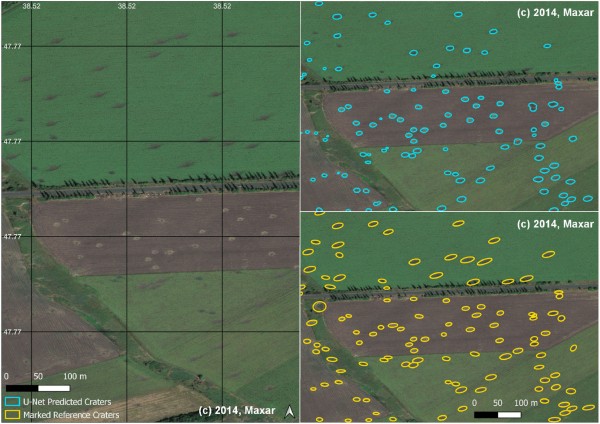 Examples of the reference (labeled) and detected craters by the U-Net model. In this example, the detection success between multiple groundcover variations can be seen, with correct detections in both bare soil and green grass fields. (c) 2014, Maxar.