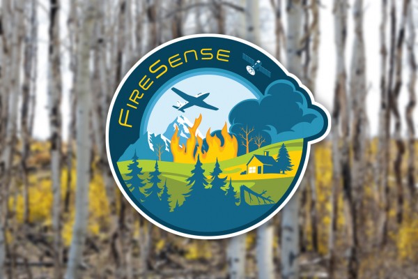 FireSense logo, showing a forest on fire with an airplane flying over in the background.