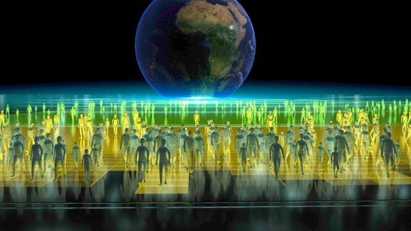 Computer-generated people figures exit planet Earth in the background.