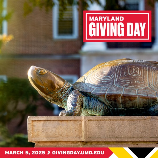 A colorful illustration representing Maryland Giving Day, featuring the UMD Turtle statue,celebrating the collective effort to support local charities and initiatives.