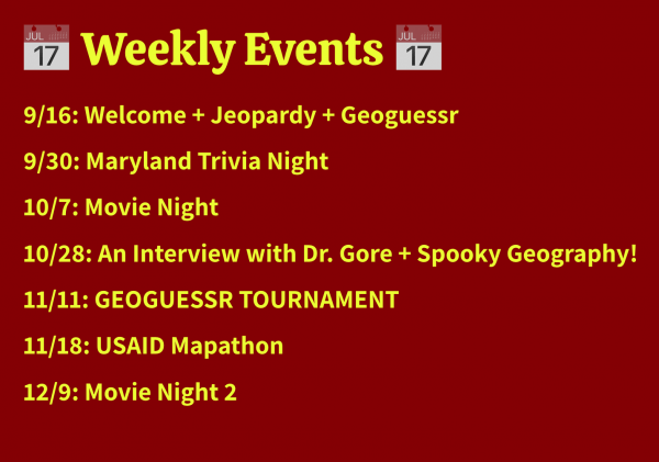 Dates for the Geography Club meetings: 9/30, 10/7, 10/28, 11/11, 11/18, 12/9