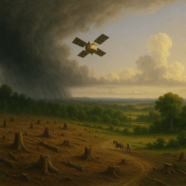 An artistic representation of a satellite flying over a lush field and cut trees, capturing the contrast between technology and nature.