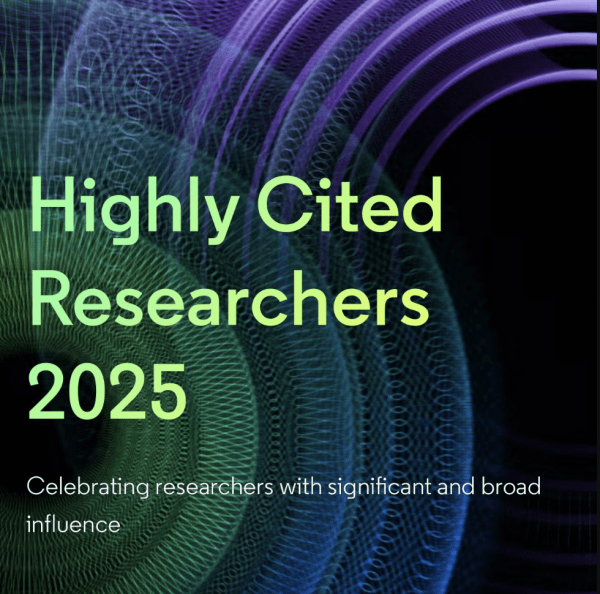 Highly Cited Researchers 2025 banner with abstract swirling teal and purple lines, celebrating researchers with significant influence.