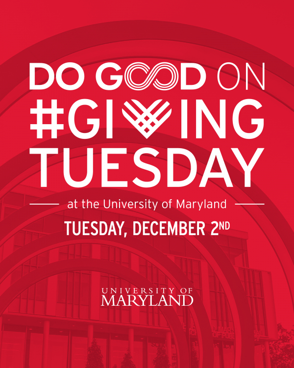 Red and white promotional graphic for University of Maryland Giving Tuesday. Features the bold text, "DO GOOD ON #GIVING TUESDAY," and the date, TUESDAY, DECEMBER 2ND, over a swirling red background and faded campus building image.