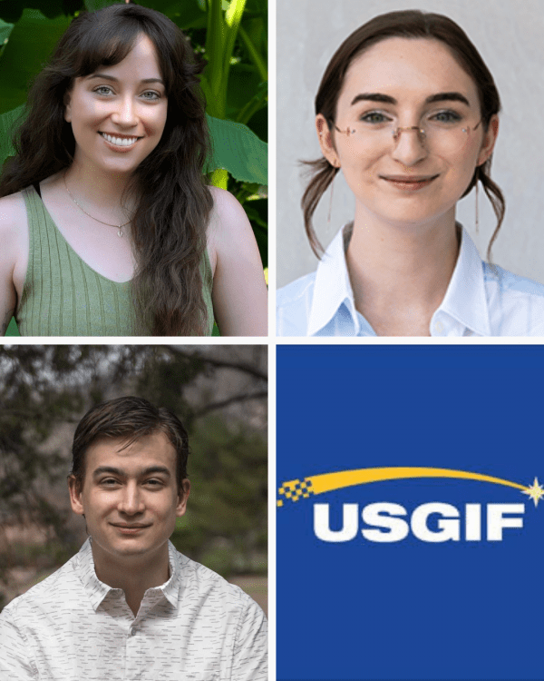 4 image collage with a photo of two women, a man and the USGIF logo