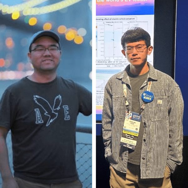 This side-by-side image features two portraits of men in different settings. On the left, a man wearing a grey baseball cap, glasses, and a dark grey graphic t-shirt stands outdoors against a soft-focus background of city lights and a bridge at twilight. On the right, a man with dark hair and glasses stands indoors in front of a scientific research poster; he wears a blue and white striped button-down shirt over a grey t-shirt and is adorned with multiple conference lanyards and a blue "AAAS Member" badge.