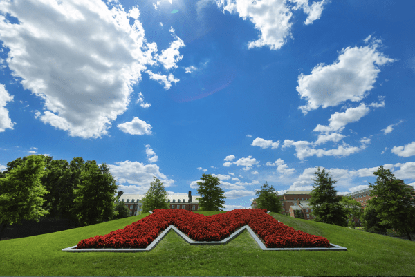 A wide-angle, low-level shot shows the iconic "M" garden at the University of Maryland, created with vibrant red flowers on a grassy hill. The floral logo sits under a vast blue sky filled with fluffy white clouds and bright sunlight. In the background, campus buildings and lush green trees frame the scene, capturing a clear and sunny summer day on campus.