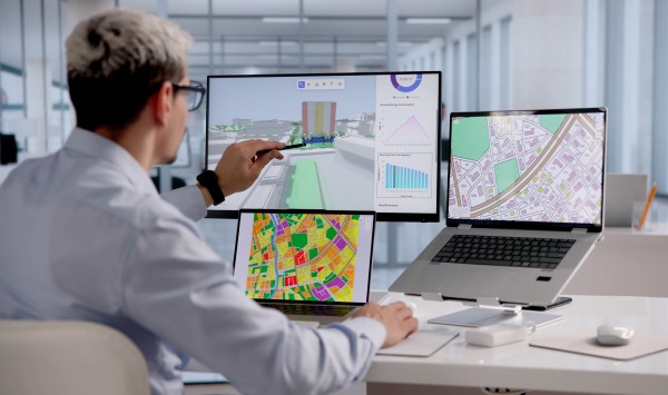 A male office worker sits at a white desk with multiple screens displaying GIS mapping data, pointing a stylus at a large monitor showing a 3D urban model and data charts.