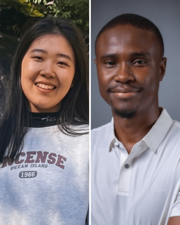 A side-by-side split image featuring two individual portraits. On the left, a smiling young East Asian woman with long dark hair wearing a grey sweatshirt. On the right, a smiling Black man with short hair and a goatee wearing a white polo shirt against a grey background.