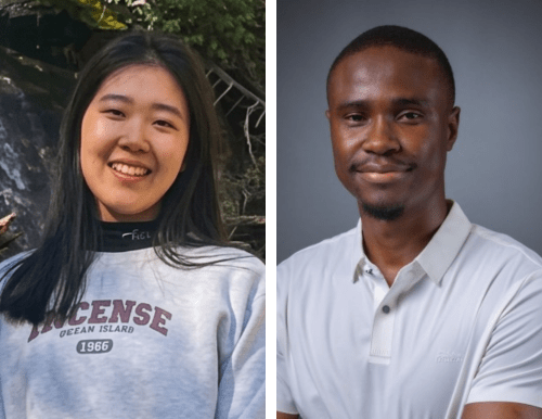 A side-by-side split image featuring two individual portraits. On the left, a smiling young East Asian woman with long dark hair wearing a grey sweatshirt. On the right, a smiling Black man with short hair and a goatee wearing a white polo shirt against a grey background.