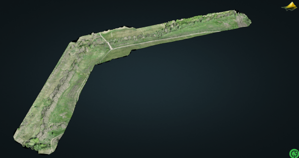 A 3D point cloud rendering of a long, angled section of land against a solid dark gray background, generated from a drone survey. The rendering displays realistic RGB color values, showing a lush green landscape featuring a distinct line of trees, grassy fields, and intersecting dirt paths or trails running alongside a stream corridor.