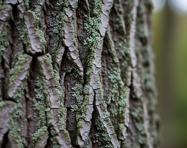 Close-up shot of the rough, deeply grooved bark of a mature tree partially covered in pale green lichen, with a blurred forest background.