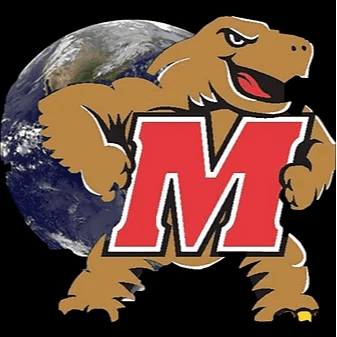 Logo featuring the University of Maryland Testudo terrapin mascot standing in front of planet Earth, holding a large red letter "M".