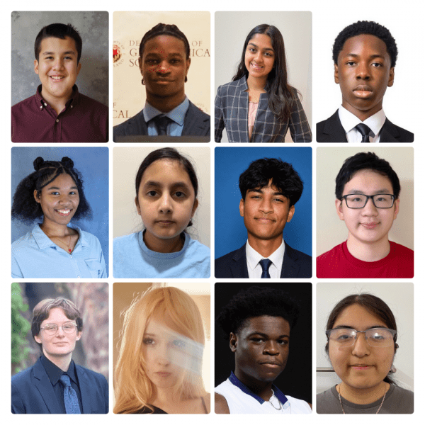 A photo collage featuring individual headshots of 12 high school summer interns arranged in a 3-by-4 grid.