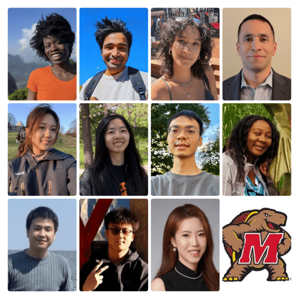 A 3-by-4 photo grid featuring headshots of eleven diverse individuals and a University of Maryland Testudo mascot graphic in the bottom right corner.