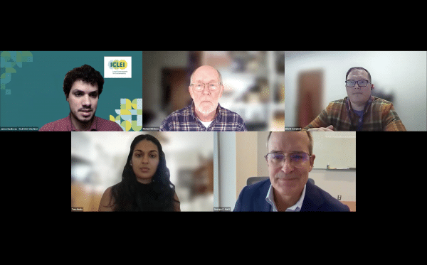 Screenshot of a virtual video meeting grid showing five participants, with the ICLEI logo displayed in the top-left video panel.