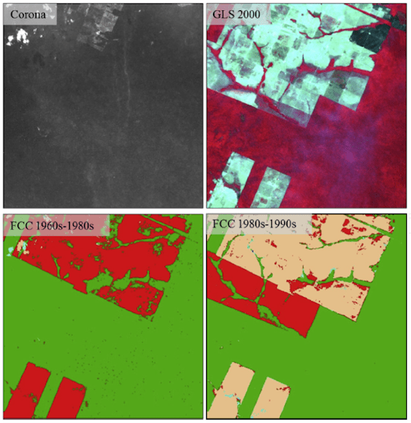 Figure shows 4 Landsat images comparing 