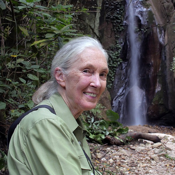 Jane Goodall smiling in front of a waterfall