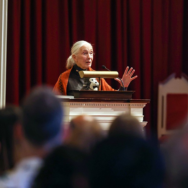 Jane Goodall speaks at a podium