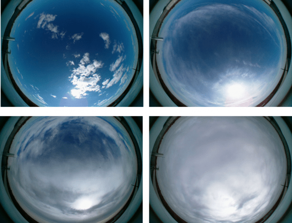 Series of 4 images of blue, cloudy Antarctic skies captured by SKYCAM at different times of day