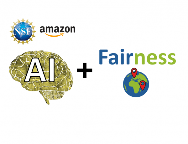 Image of brain and globe with text reading 'AI + Fairness' and NSF and Amazon logos