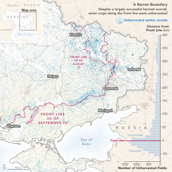 Map of Ukraine showing increase in unharvested crops near frontline of Russian invasion