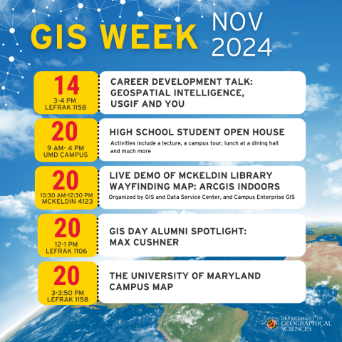 GIS Week features 5 events: a career talk on Nov. 14 and four events on Nov. 20.