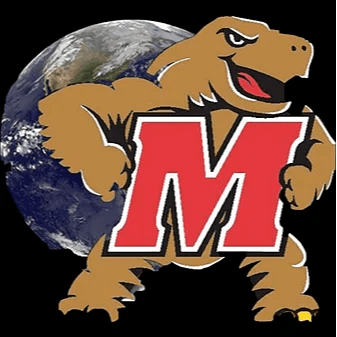 GEOG Club Logo: Satellite photo of Earth superimposed by the UMD turtle holding an M