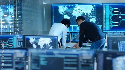 Two people stand in a room with several monitors displaying maps.